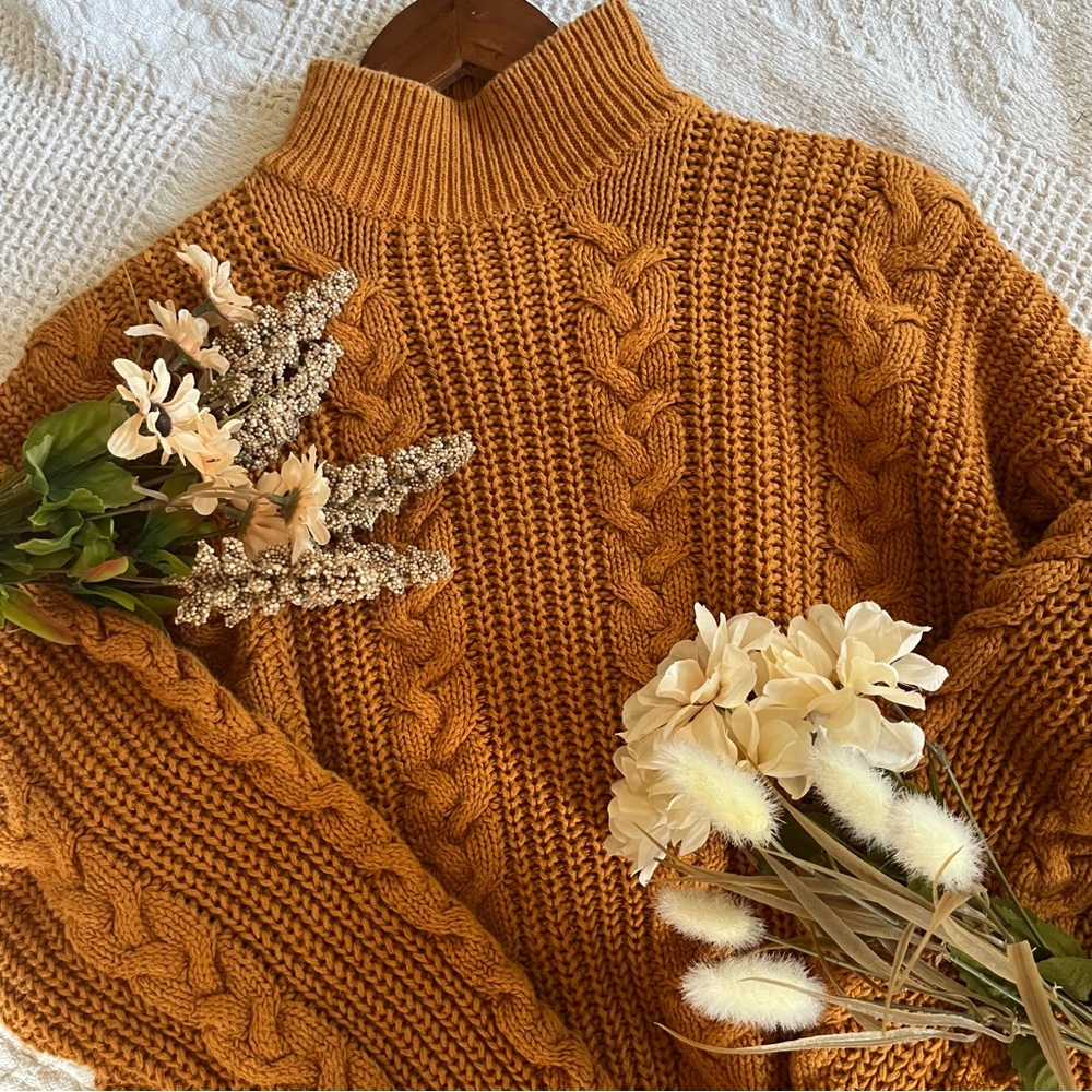 Vintage sweater cable knit mockneck orange rust mustard large casual corner fall